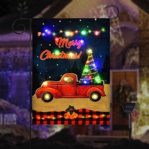 Lighted Christmas Garden Flag, LED Red Truck Flag, Vertical Merry Christmas Flag for Outdoor Yard Garden Lawn Decoration(12x18 Inch)