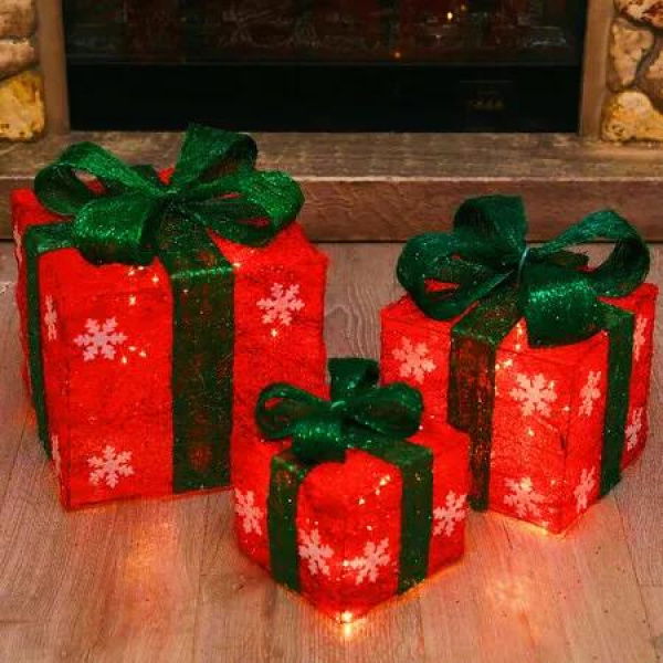 Lighted Christmas Gift Set of 3 Christmas Lighted Decorations Yard Home Small / Medium / Large