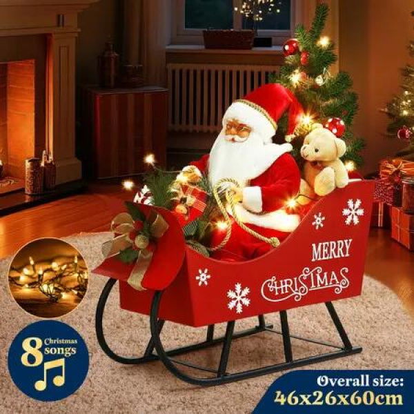 Lighted Christmas Santa Sleigh Set LED Xmas String Lights Musical Animated Tabletop Tree Decorations Ornament Fairy Desk Display Home Party Present