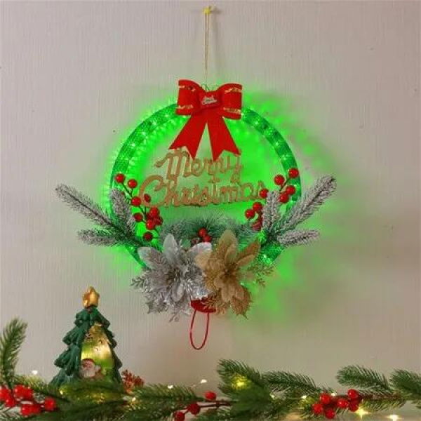 Lighted Christmas Wreaths for Door,Lighted Red Bow Christmas Wreath with Flowers Berries Ornaments,For Christmas Decorations Outdoor Indoor