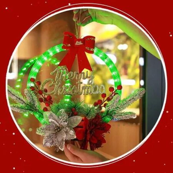 Lighted Christmas Wreaths for Door,Lighted Red Bow Christmas Wreath with Flowers Berries Ornaments,For Christmas Decorations Outdoor Indoor