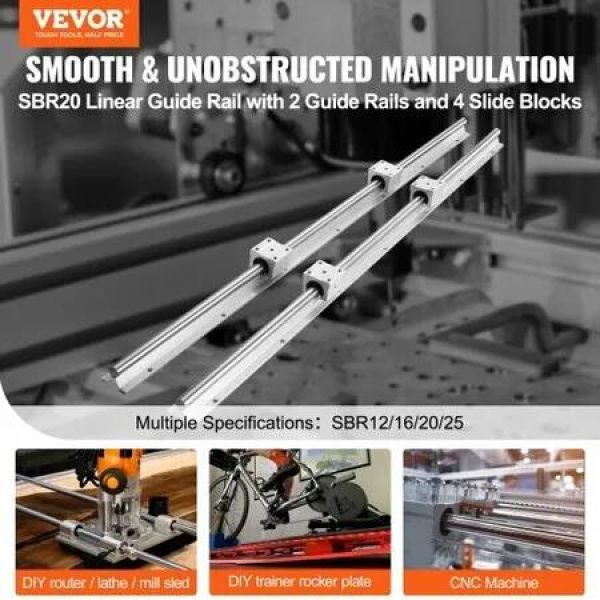 Linear Guide Rail Set, SBR20 1000mm, 2 PCS 39.4 in/1000 mm SBR20 Guide Rails and 4 PCS SBR20UU Slide Blocks, Linear Rails and Bearings Kit for Automated Machines DIY Project CNC Router Machines