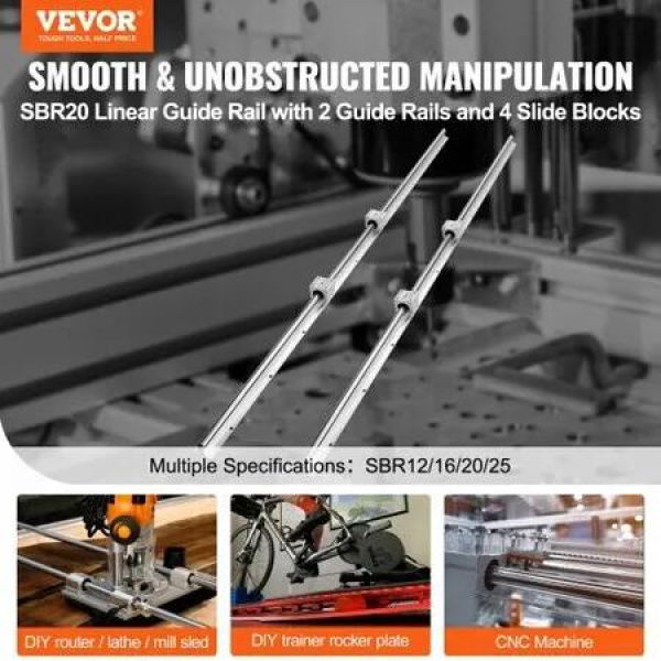 Linear Guide Rail Set, SBR20 1500mm, 2 PCS 59 in/1500 mm SBR20 Guide Rails and 4 PCS SBR20UU Slide Blocks, Linear Rails and Bearings Kit for Automated Machines DIY Project CNC Router Machines