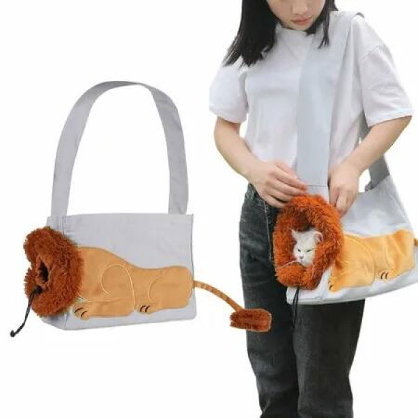 Lion-Shaped Pet Carrier Bag,Canvas Pet Bag,Cat Shoulder Bag,Pet Body Carrier For Daily Use,Walking,Outdoor Travel,Grey Size L