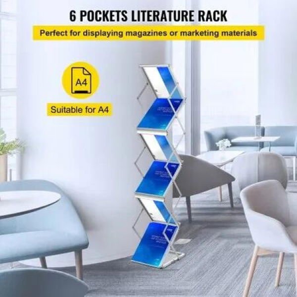 Literature Rack, 6 Pockets, Pop up Aluminum Magazine Rack, Lightweight Catalog Holder Stand w/Carrying Bag for Living Room, Hotel, Trade Show, Exhibition, Office