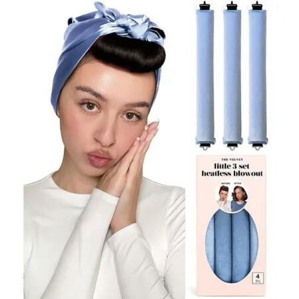 Little Velvet Overnight Curls Blowout 3 Rods Heatless Hair Curler to Sleep in Satin Heatless Curls No Heat Hair Rollers Light Blue