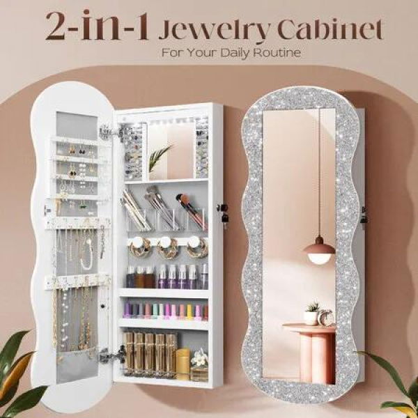 Lockable Mirror Cabinet Jewellery Box Armoire Door Wall Mounted Makeup Cosmetic Beauty Organiser Case with LED Lights Bedroom Dressing 44x10x106cm