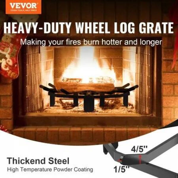 Log Grate, 27 inch Heavy Duty Wheel Fire Grate with 6 Support Legs, Solid Powder-coated Steel Bars, Log Firewood Burning Rack Holder for Wood Stove and Outdoor Camping Fire Pit