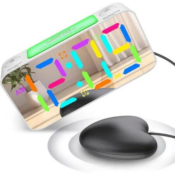 Loud Alarm Clock for Heavy Sleeper Hearing Impaired Deaf, Dual Vibrating Alarm Clock with Bed Shaker, 7 In Large Mirror Display with USB Charger (White)