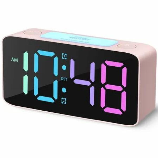 Loud Alarm Clock Heavy Sleepers Digital 7 Colour Night Light Adjustable Volume Dimmer Kids Teens Bedroom Pink RGB Wake Up