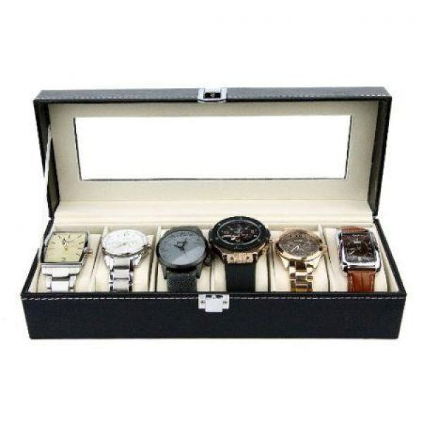 LUD Black Pu Leather Watch Display Stand Box Flannelette Grids With Glass Cover-6 Slot