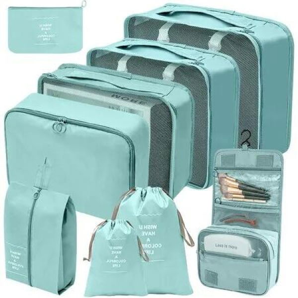 Luggae Suitcase 9-Piece Travel Packing Organizers and Cubes with Large Toiletry Bag for Clothes and Shoes