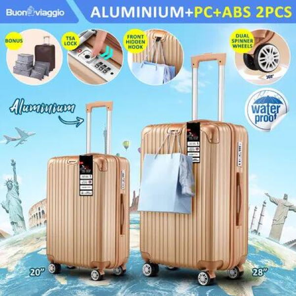 Luggage Suitcase Set 2 Piece Travel Carry On Cabin Bags Trolley Lightweight Hard Shell Case with TSA Lock Cover 6 Packing Cubes Champagne Gold