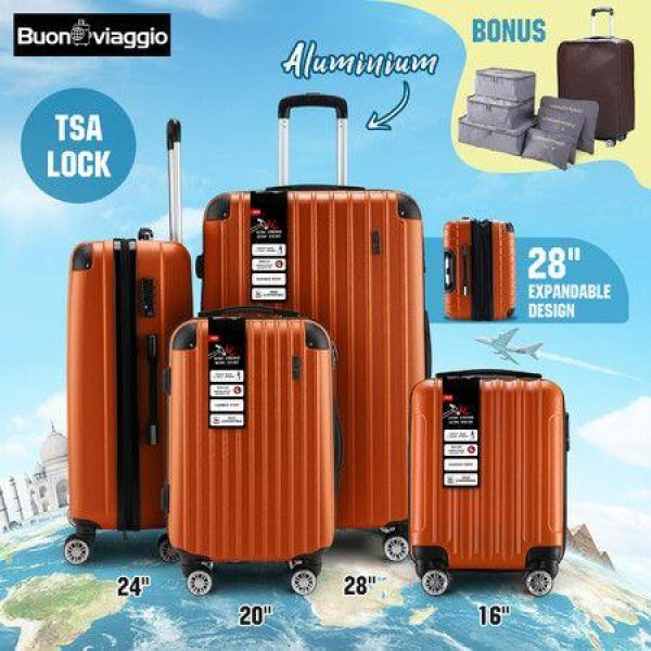 Luggage Suitcase Set 4 Piece Carry On Traveller Checked Bag Hard Shell Lightweight Rolling Trolley TSA Lock Orange