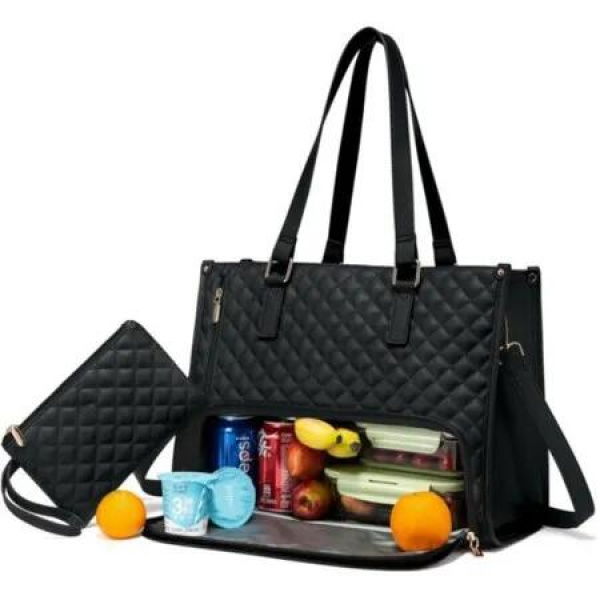Lunch Tote Bag For Women,Laptop Bag with Insulated Lunch Compartment,Large Capacity Computer Handbag with Purse For School,Work,Office,Casual,Black