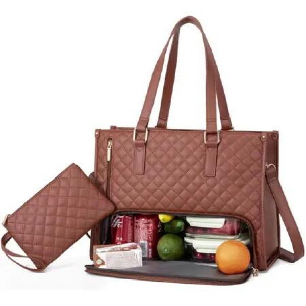 Lunch Tote Bag For Women,Laptop Bag with Insulated Lunch Compartment,Large Capacity Computer Handbag with Purse For School,Work,Office,Casual,Brown