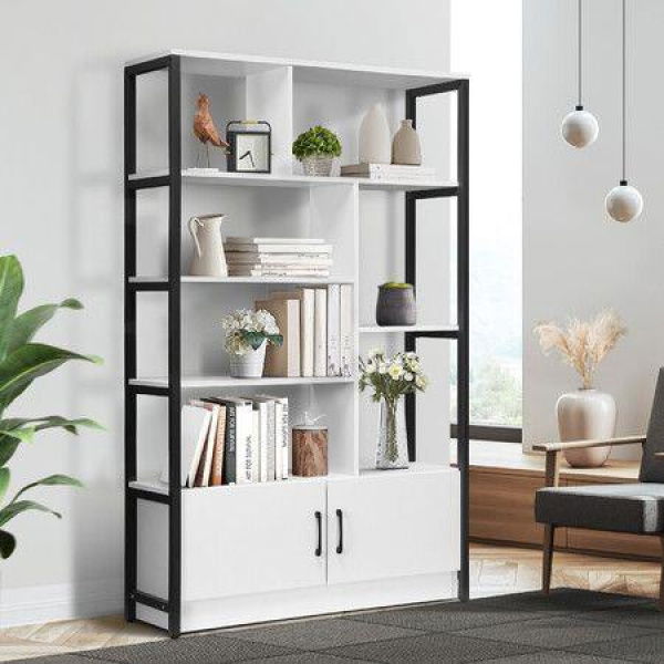 LUXSUITE 5 Tier Display Shelf Bookshelf Bookcase Storage Cabinet Shelving Unit Rack With 2 Lockable Doors