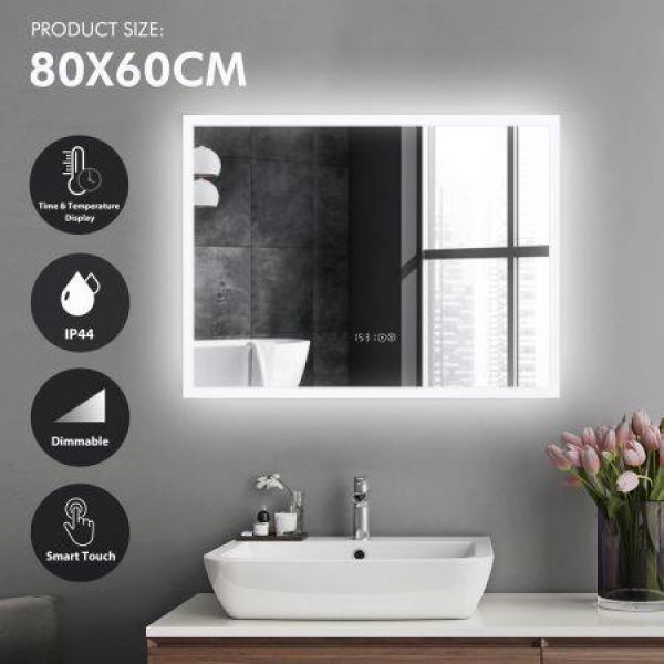 LUXSUITE Bathroom Mirror Smart Fogless LED Rectangular Wall Mounted For Shower Vanity Salon 80X60cm