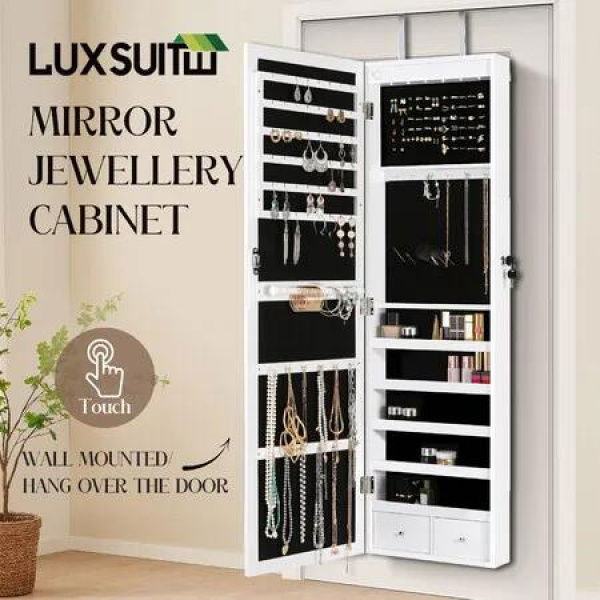 LUXSUITE LED Makeup Mirror Cabinet Armoire Jewellery Storage Full Length Lighted Vanity Dressing Door Wall Mounted Bedroom 3 Lighting Colours Lockable