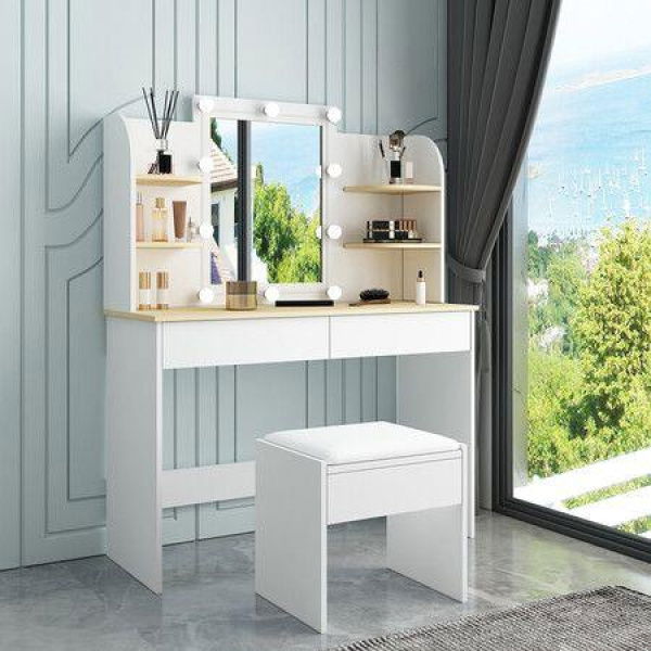 LUXSUITE Makeup Vanity Set White Dressing Table With Lights And Drawers Mirror Stool