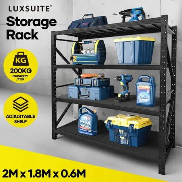 Luxsuite Metal Shelving Warehouse Garage Rack Storage Unit Heavy Duty Steel Pallet Racking Adjustable 4 Shelf Organiser 200x60x180cm