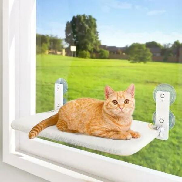 Luxurious & Foldable Cat Window Hammock: Cat Perch with Durable Suction Cups, Metal Frame, and Reversible Cover (White, Medium)