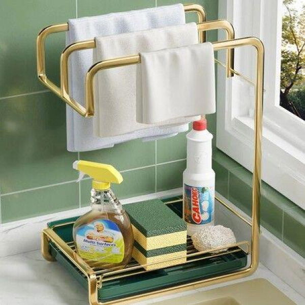 Luxury Style Light Drain Cloth Kitchen Storage Rack Gold Wall Brackets Shelf Metal Organizer Double Layer Support