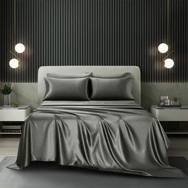 Luxury Super Soft 4-Piece Satin Bedding Set in Rich Dark Grey,anti-wrinkle