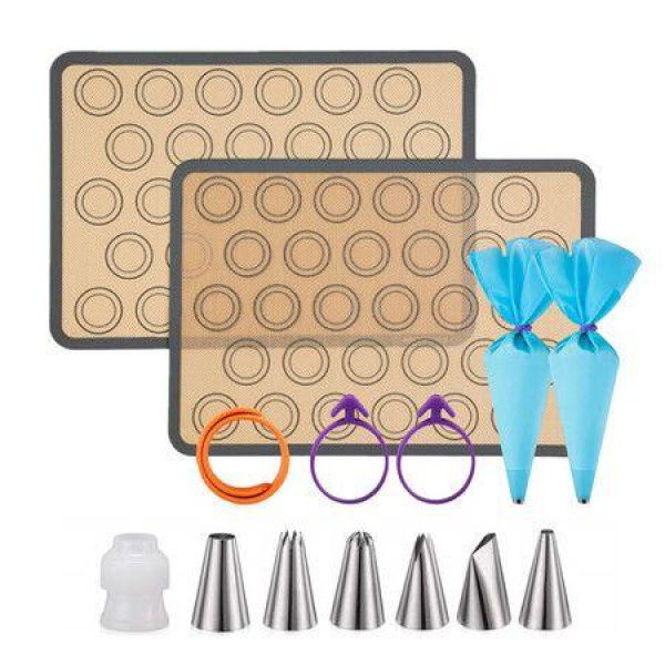 Macaron Silicone Baking Mats Kit 16Pcs,Reusable Silicone Pastry Bags with 2 Half-Size Baker Mats for Home Pastry Baking(Grey)
