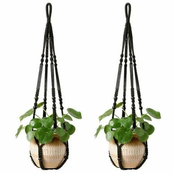 Macrame Plant Hanger Indoor Hanging Planter Basket with Wood Beads Decorative Flower Pot Holder No Tassels 90cm/35Inch,Black,2Pack (POTS NOT Included)