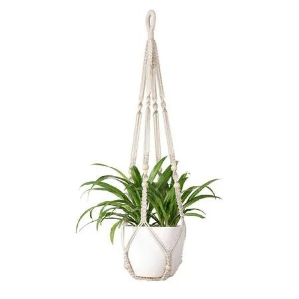 Macrame Plant Hanger Indoor Hanging Planter Basket with Wood Beads Decorative Flower Pot Holder No Tassels 90cm/35Inch,Ivory,1pcs (POTS NOT Included)