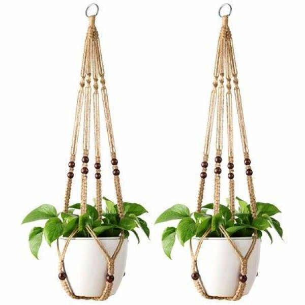 Macrame Plant Hanger Indoor Hanging Planter Basket With Wood Beads Decorative Flower Pot Holder No Tassels For Indoor Outdoor Boho Home Decor 90cm/35 Inch Brown 2 Pack (POTS NOT Included)