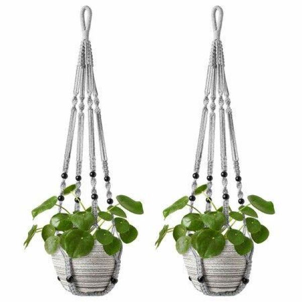 Macrame Plant Hanger Indoor Hanging Planter Basket With Wood Beads Decorative Flower Pot Holder No Tassels For Indoor Outdoor Boho Home Decor 90cm/35 Inch Grey 2 Pack (POTS NOT Included)