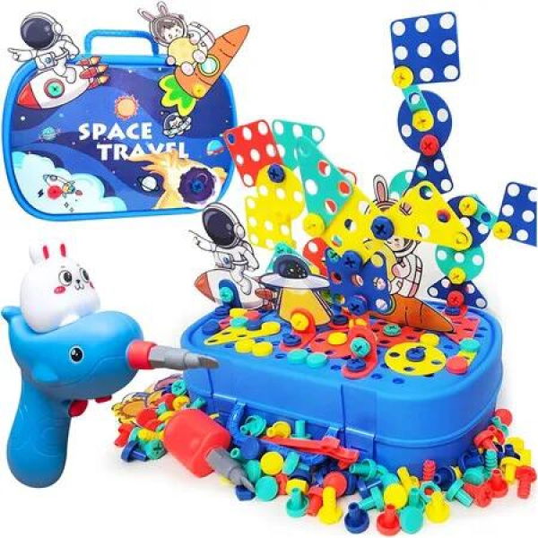 Magic Montessori Toolbox with Drill, 362Pcs STEM Mosaic Puzzle Set with Electric Drill and Portable Toolbox, Creative DIY Gift for Boys and Girls (Blue)