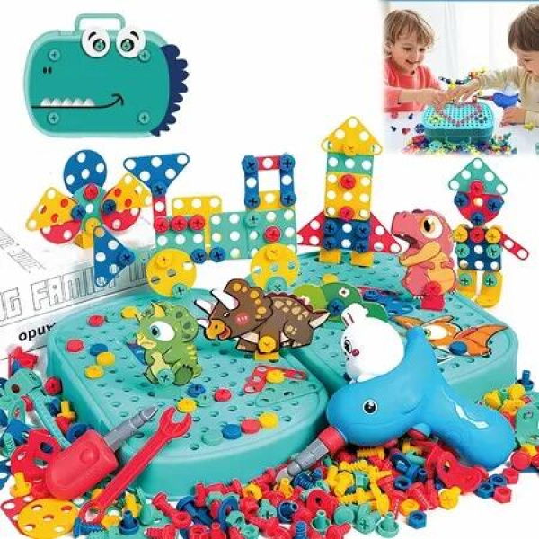 Magic Montessori Toolbox with Drill, 362Pcs STEM Mosaic Puzzle Set with Electric Drill and Portable Toolbox, Creative DIY Gift for Boys and Girls (Green)