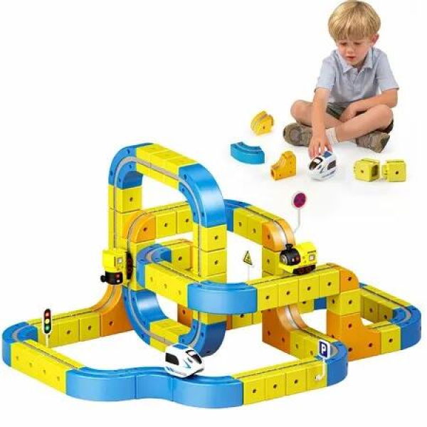 Magnetic Electric Train Set with 2 Trains,126PCS DIY Flexible Track with Cubic Building Blocks 3D Anti-Gravity Trains Toys Gift for Kids 3+ Years Old