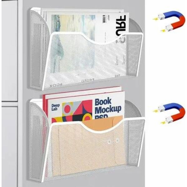 Magnetic File Holder 2 Pockets Organizer,Hanging Magazine Rack for File Cabinets Paper Holder,No Drilling Mail Organizer for Refrigerator Office,White