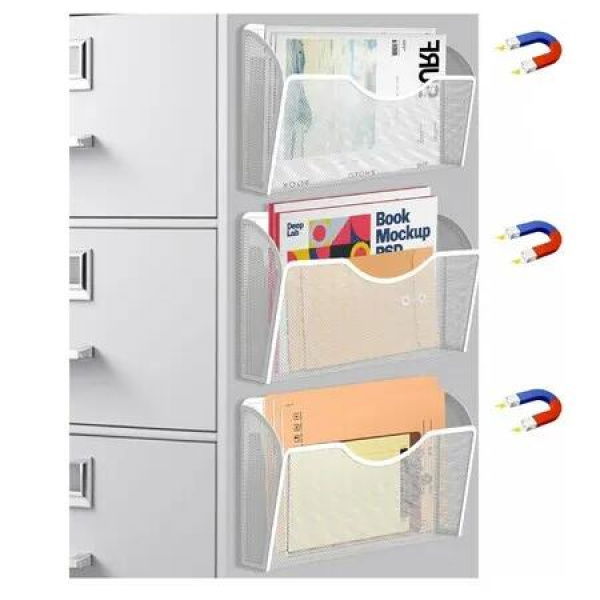 Magnetic File Holder 3 Pockets Organizer,Hanging Magazine Rack for File Cabinets Paper Holder,No Drilling Mail Organizer for Refrigerator Office,White