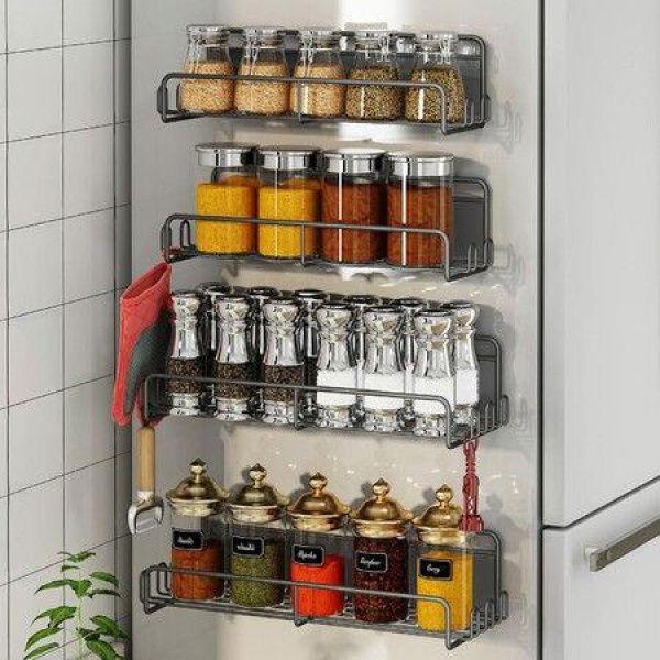 Magnetic Spice Rack For Refrigerator Magnetic Spice Rack Organizer With Super Strong Magnetic Magnetic Shelf Metal Kitchen Organization Spice And Seasoning Organizer (Black 4 Pack)