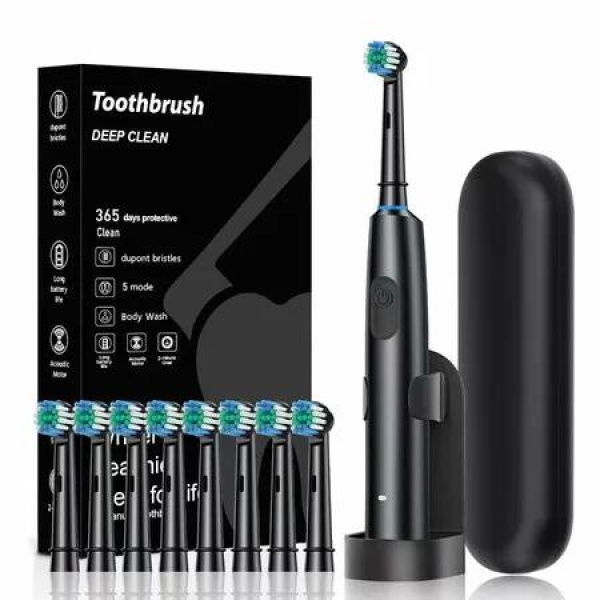 Magnetic Suspension Rotating Electric Toothbrush with 5 Modes Waterproof Sonic Cleaning,8 Brush Heads and Carrying Case for Traveling(Black)
