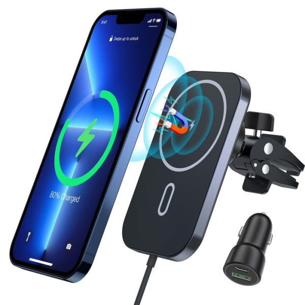 Magnetic Wireless Car Charger 360 Adjustable Auto Alignment Air Vent Compatible With MagSafe IPhone 14/13/12 Pro Max Mini (with Car Adapter)