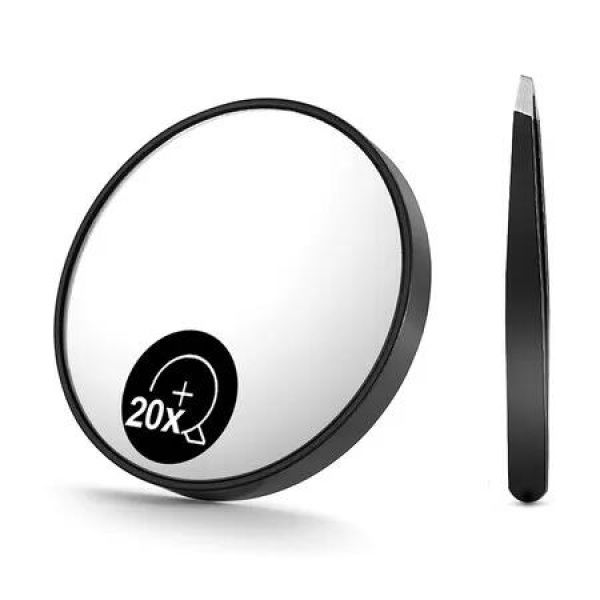 Magnifying Mirror 20X Eyebrow Tweezers Kit 8.89cm Suction Cups Travel Set Portable Makeup Grooming Beauty Personal Care Tool Precision