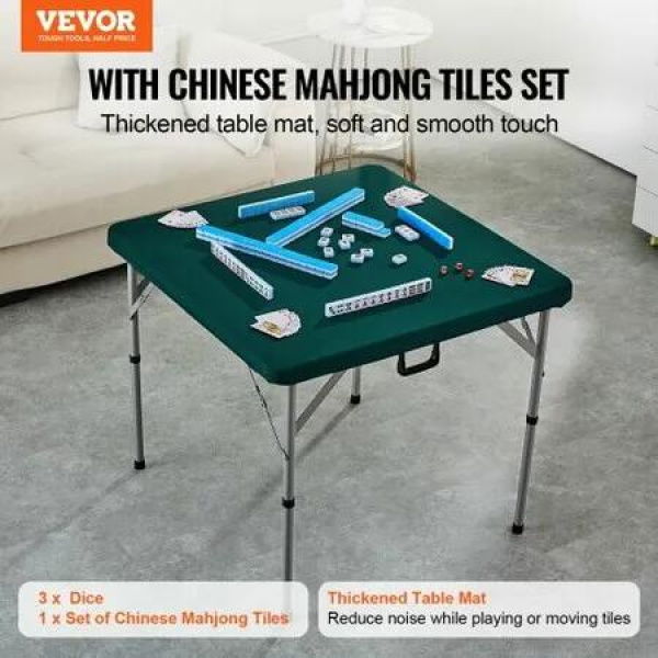 Mahjong Table with Mahjong Tiles Set Fold-in-Half 4 Player Card Table with 144PCS Majiang Tiles and 3 Dice Portable Bi-Folding Domino Table