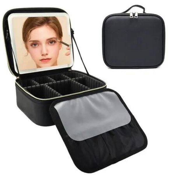 Makeup Bag With Led Mirror Travel Makeup Organizer With 3 Lighted Settings,Adjustable Dividers And Makeup Brush Storage,Color Black