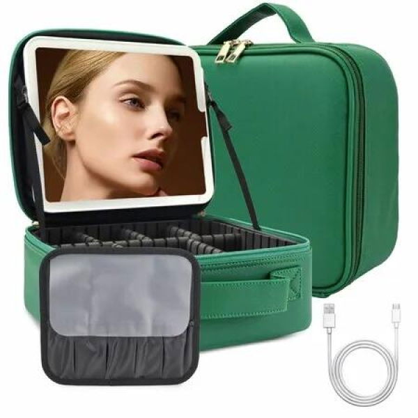 Makeup Bag With Led Mirror Travel Makeup Organizer With 3 Lighted Settings,Adjustable Dividers And Makeup Brush Storage,Color Green