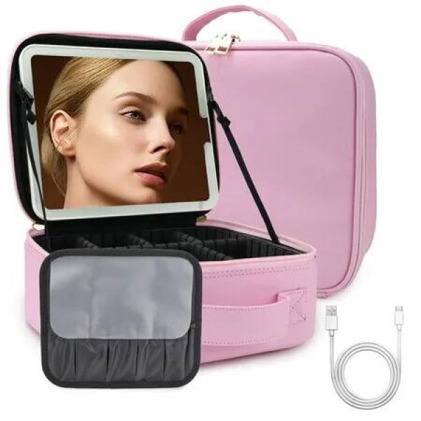 Makeup Bag With Led Mirror Travel Makeup Organizer With 3 Lighted Settings,Adjustable Dividers And Makeup Brush Storage,Color Pink