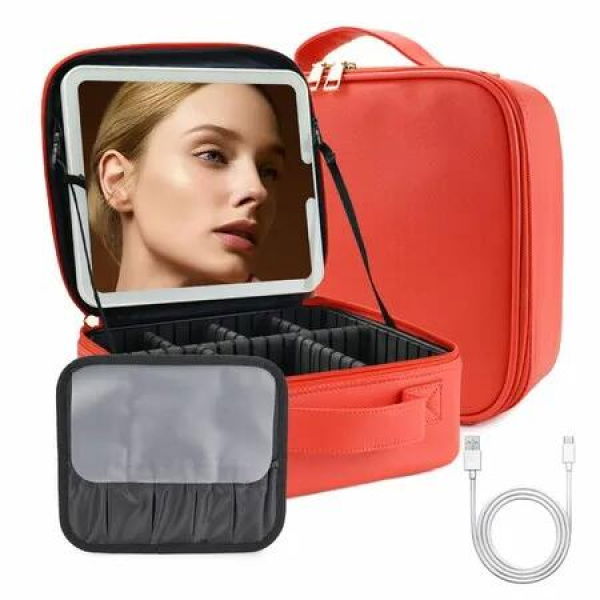 Makeup Bag With Led Mirror Travel Makeup Organizer With 3 Lighted Settings,Adjustable Dividers And Makeup Brush Storage,Color Red