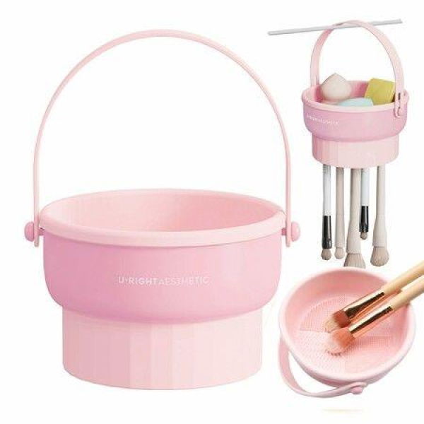 Makeup Brush Cleaner Mat 3 in 1 Silicone Makeup Brush Cleaner Bowl with Brush Drying Holder Cosmetic Brushes Cleaning Tool Organizer (Pink)