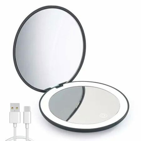 Makeup Mirror Rechargeable Compact 1x 10x Magnification Lighted Dimmable LED Travel Portable Handbag Purse Handheld 2-Sided Girls Gift Black