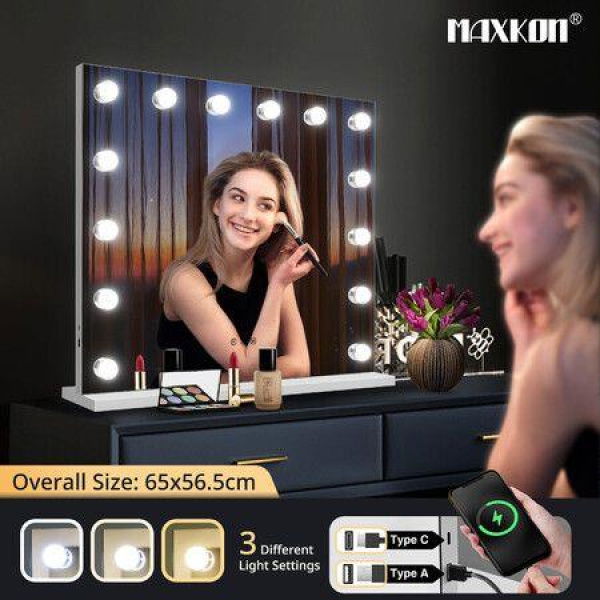 Makeup Mirror With Lights 14 LED Hollywood Style Vanity Lighted Desk Dressing Table Beauty Touch Adjustable Brightness USB Maxkon